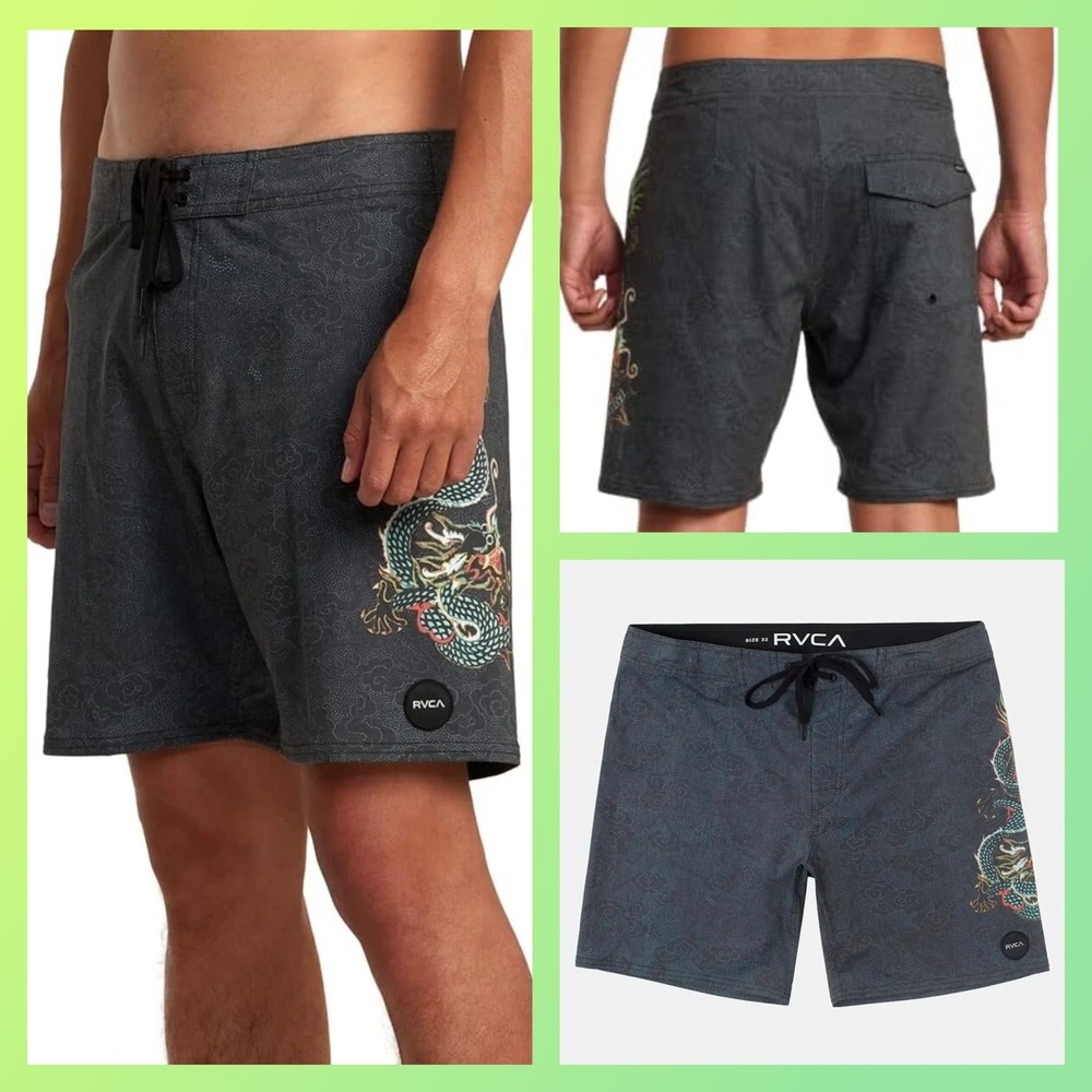 RVCA Gray Neon Dragon Tattoo Art 18" Board Shorts Mens Size 33 4-Way‎ Stretch